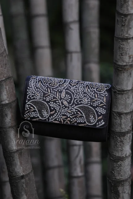 "Black Silk Lucknowi Chikankari Clutch with Zari Work"
