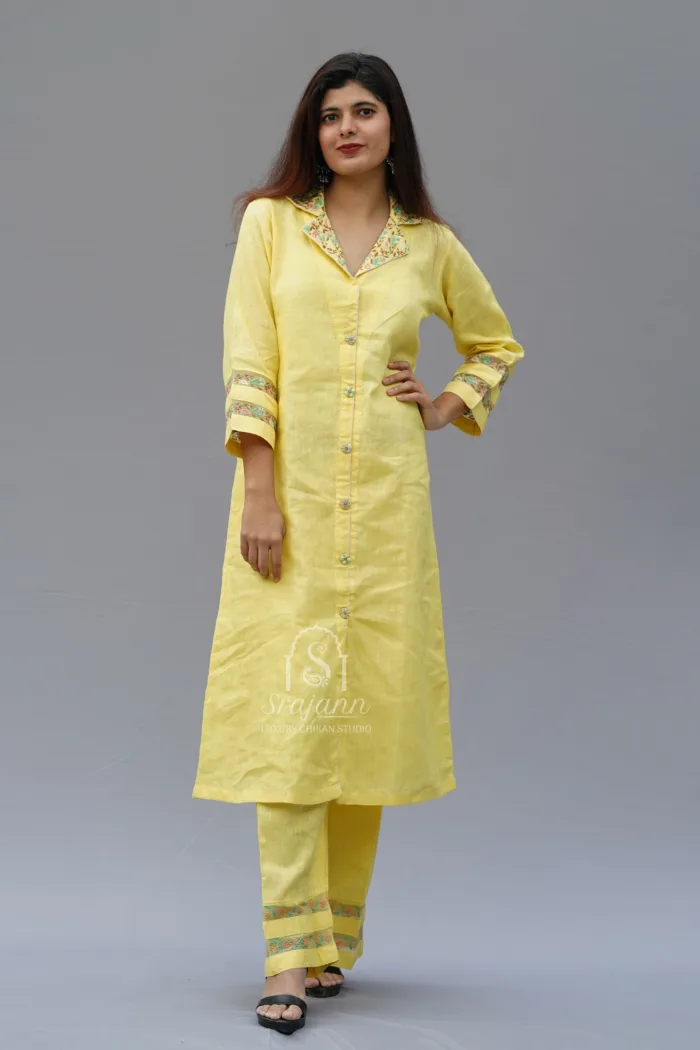 Embroidered Yellow Linen Lucknowi Chikankari Co-Ord Set: A coordinated set featuring delicate embroidery in the traditional Lucknowi Chikankari style, crafted from premium yellow linen fabric
