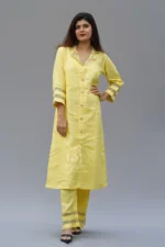 Embroidered Yellow Linen Lucknowi Chikankari Co-Ord Set: A coordinated set featuring delicate embroidery in the traditional Lucknowi Chikankari style, crafted from premium yellow linen fabric