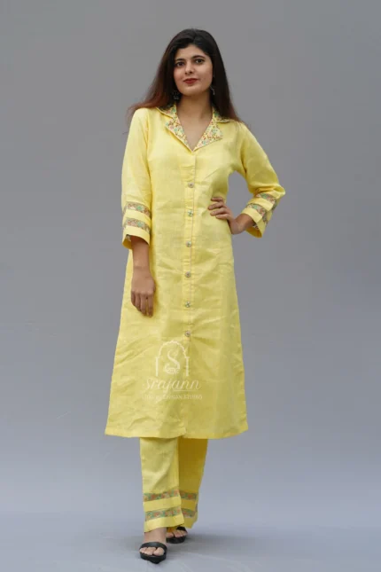 Embroidered Yellow Linen Lucknowi Chikankari Co-Ord Set: A coordinated set featuring delicate embroidery in the traditional Lucknowi Chikankari style, crafted from premium yellow linen fabric