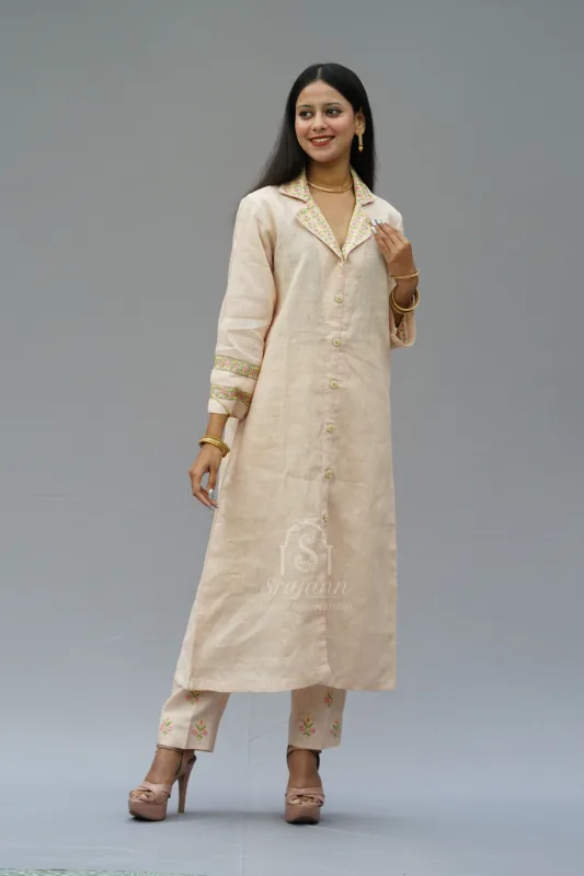 Embroidered Peach Linen Lucknowi Chikankari Co-Ord Set: A coordinated set featuring delicate embroidery in the traditional Lucknowi Chikankari style, crafted from premium peach linen fabric