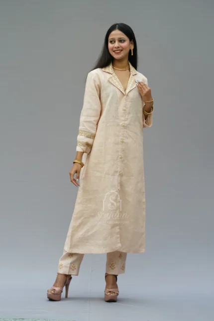 Embroidered Peach Linen Lucknowi Chikankari Co-Ord Set: A coordinated set featuring delicate embroidery in the traditional Lucknowi Chikankari style, crafted from premium peach linen fabric