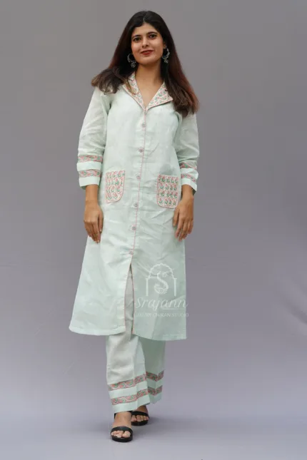Embroidered Light Blue Linen Lucknowi Chikankari Co-Ord Set