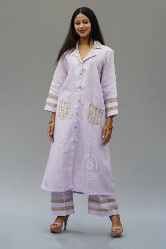 Hand Embroidered Mauve Linen Lucknowi Chikankari Co-Ord Set: A coordinated set showcasing intricate hand embroidery in the traditional Lucknowi Chikankari style, crafted from premium mauve linen fabric.