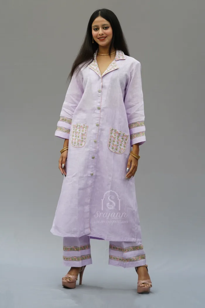 Hand Embroidered Mauve Linen Lucknowi Chikankari Co-Ord Set: A coordinated set showcasing intricate hand embroidery in the traditional Lucknowi Chikankari style, crafted from premium mauve linen fabric.