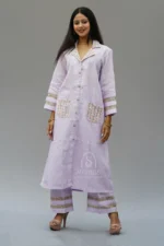 Hand Embroidered Mauve Linen Lucknowi Chikankari Co-Ord Set: A coordinated set showcasing intricate hand embroidery in the traditional Lucknowi Chikankari style, crafted from premium mauve linen fabric.