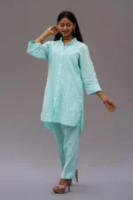 Srajann Hand Embroidered Blue Linen Lucknowi Chikankari Co-Ord Set (WHSL15) - Image 4