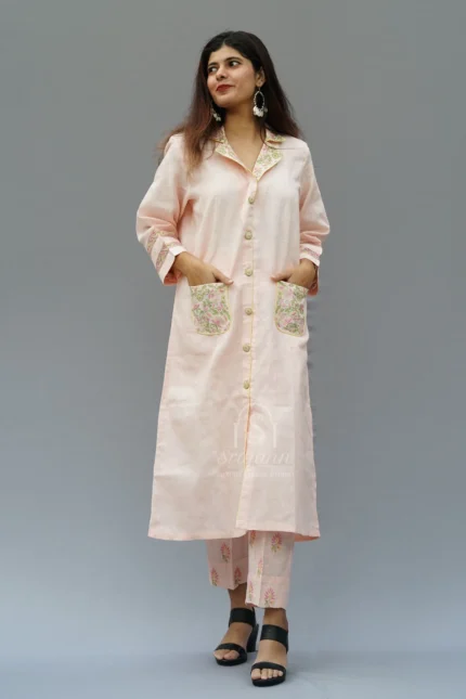 Embroidered Peach Linen Lucknowi Chikankari Co-Ord Set