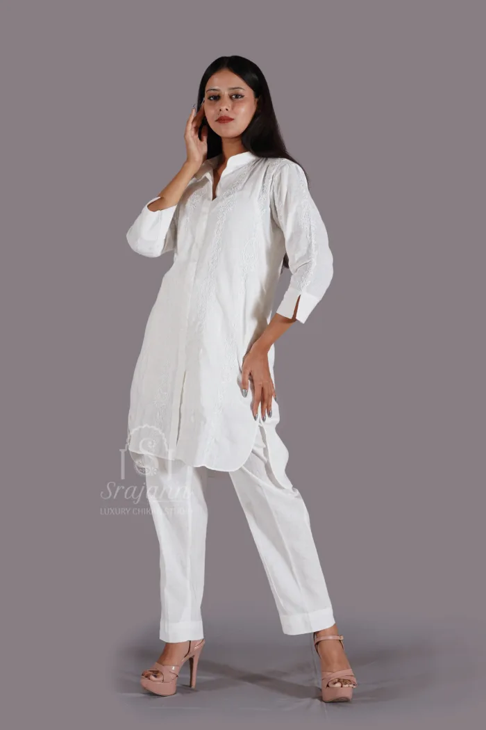 Embroidered White Linen Lucknowi Chikankari Co-Ord Set