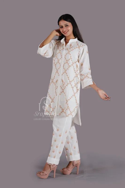 Embroidered White Linen Lucknowi Chikankari Co-Ord Set