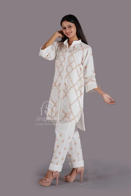 Embroidered White Linen Lucknowi Chikankari Co-Ord Set