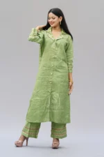 Srajann Hand Embroidered Green Linen Lucknowi Chikankari Co-Ord Set (WHSL09) - Image 5