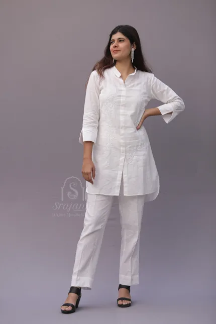 "Srajann Hand Embroidered White Linen Lucknowi Chikankari Co-Ord Set"