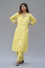 Srajann Hand Embroidered Yellow Linen Lucknowi Chikankari Co-Ord Set (WHSL10) - Image 6