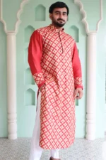 Red Moonga Silk Lucknowi Chikankari Stitched Men's Kurta: A vibrant men's kurta crafted from luxurious red Moonga silk fabric, adorned with intricate Lucknowi Chikankari embroidery.
