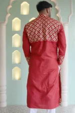 Srajann Hand Embroidered Red Moonga Silk Lucknowi Chikankari Stitched Men's Kurta - Image 4