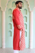 Srajann Hand Embroidered Red Moonga Silk Lucknowi Chikankari Stitched Men's Kurta - Image 5