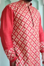 Srajann Hand Embroidered Red Moonga Silk Lucknowi Chikankari Stitched Men's Kurta - Image 6