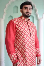 Srajann Hand Embroidered Red Moonga Silk Lucknowi Chikankari Stitched Men's Kurta - Image 2
