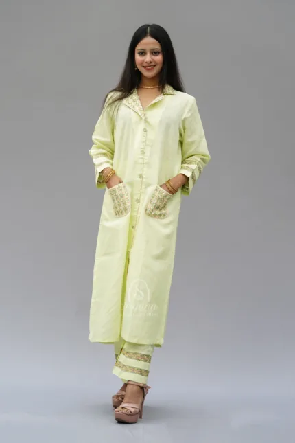 Embroidered Light Green Linen Lucknowi Chikankari Co-Ord Set: A coordinated set featuring delicate embroidery in the traditional Lucknowi Chikankari style, crafted from premium light green linen fabric