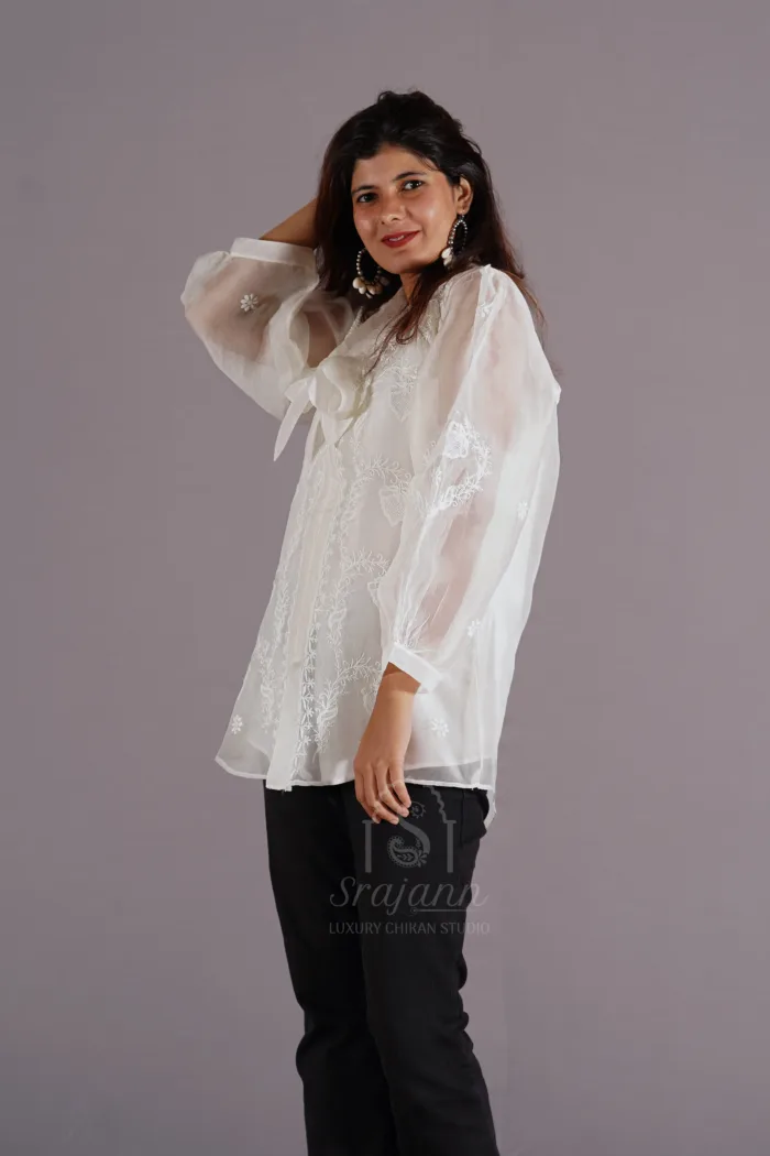 White Pure Organza Lucknowi Chikankari Shirt With Slip