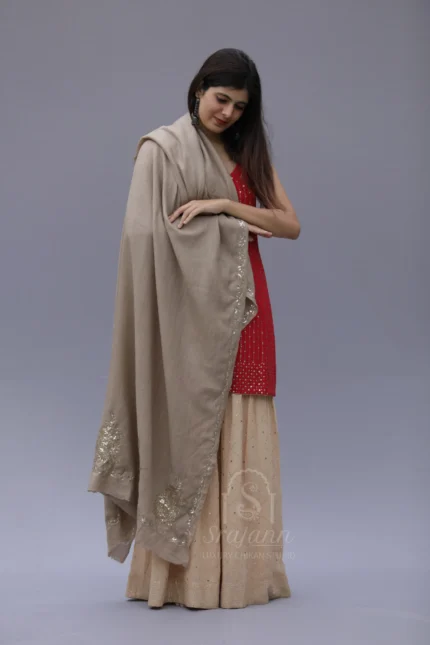 "Embroidered Warm Ivory Lucknowi Chikankari Unisex Pashmina Shawl"