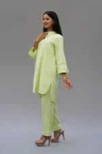 Srajann Hand Embroidered Pista Green Linen Lucknowi Chikankari Co-Ord Set (WHSL07) - Image 5