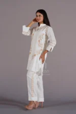 Srajann Hand Embroidered White Linen Lucknowi Chikankari Co-Ord Set (WHSL19) - Image 4