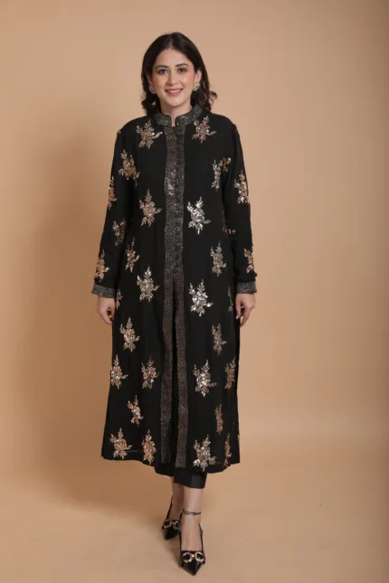 Black Pure Georgette Lucknowi Chikankari Straight Kurta: A black straight kurta made from pure georgette fabric, adorned with intricate Lucknowi Chikankari embroidery.