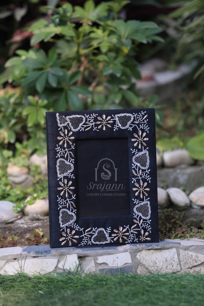 Handcrafted Black Silk Lucknow Chikankari Cover Photo Frame by Srajann