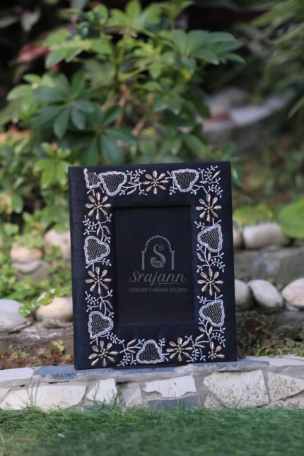 Handcrafted Black Silk Lucknow Chikankari Cover Photo Frame by Srajann