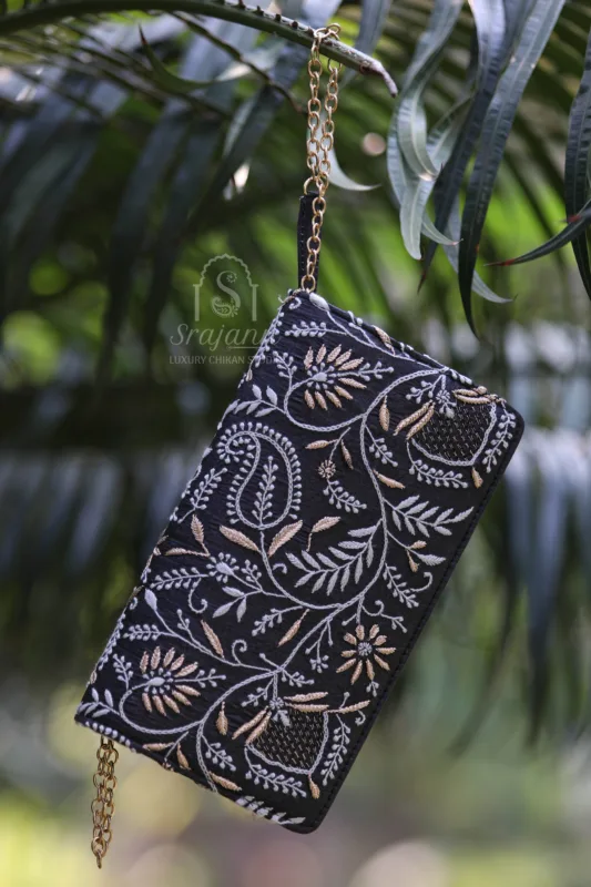 "Black Silk Lucknowi Chikankari Clutch with Zari Embellishments"