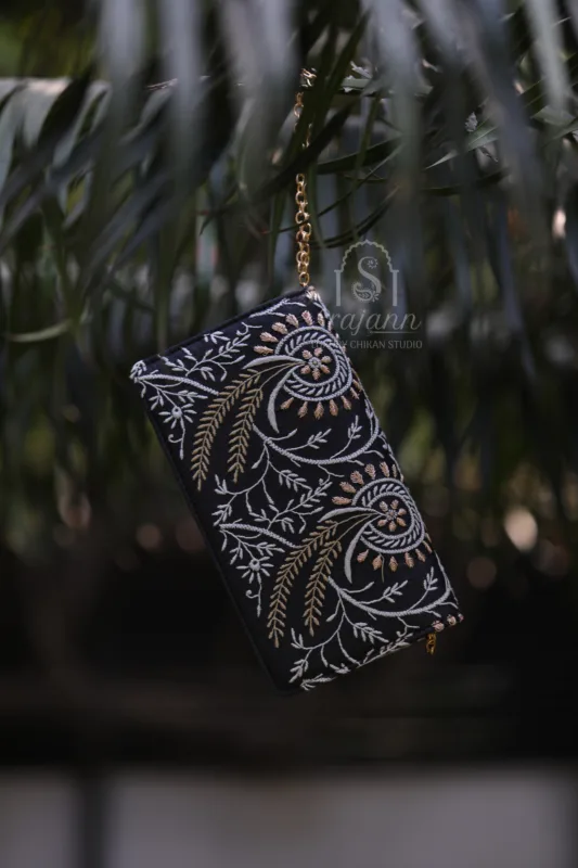 "Black Silk Lucknowi Chikankari Clutch with Zari Work (SLC3756)"