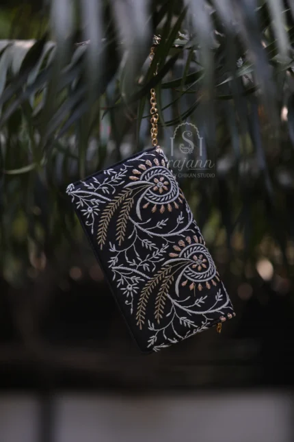 "Black Silk Lucknowi Chikankari Clutch with Zari Work (SLC3756)"