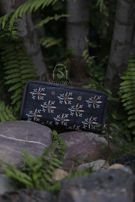 Handcrafted Black Silk Lucknowi Chikankari Wallet with Zari Embellishments by Srajann