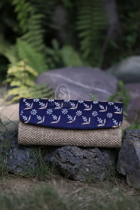 "Blue Silk Lucknowi Chikankari Jute Clutch with Zari Work"