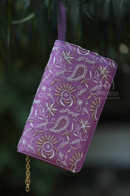 Mauve Silk Lucknowi Chikankari Clutch With Zari Work