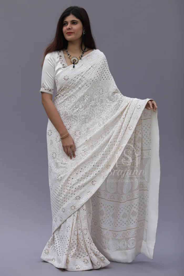 Handcrafted Off-White Pure Georgette Lucknowi Chikankari Saree/Blouse Ensemble