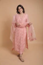 Srajann Hand Embroidered Peach Multi Thread Pure Organza Lucknowi Chikankari 2XL Size Straight Kurta with Single Thread Work (SLC3931) - Image 2