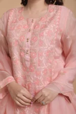 Srajann Hand Embroidered Peach Multi Thread Pure Organza Lucknowi Chikankari 2XL Size Straight Kurta with Single Thread Work (SLC3931) - Image 6