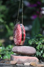 Srajann Hand Embroidered Red Blue Silk Lucknowi Chikankari Round Shape Clutch With Zari Work (SLC3757) - Image 3