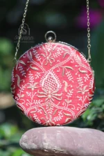 "Red Blue Silk Lucknowi Chikankari Round Shape Clutch with Zari Work"