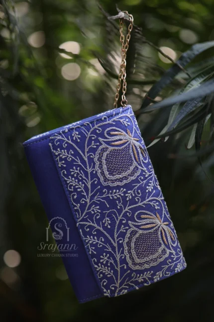 "Royal Blue Silk Lucknowi Chikankari Clutch with Zari Work