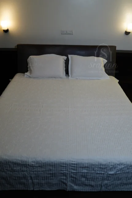 White Cotton Bed Sheet Set: Elegant Lucknowi Chikankari Embroidery with Pillow Cover