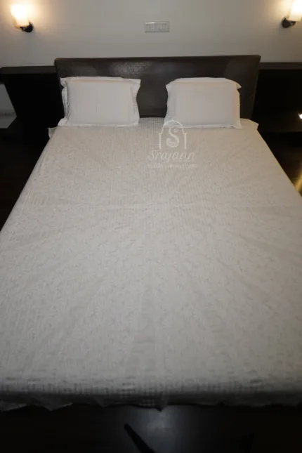 White Cotton Bed Sheet Set: Elegant Lucknowi Chikankari Embroidery with Matching Pillow Cover