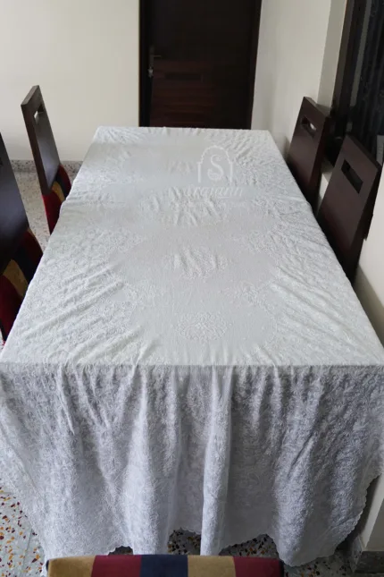 Hand Embroidered White Cotton Lucknowi Chikankari Dinning Table Cover