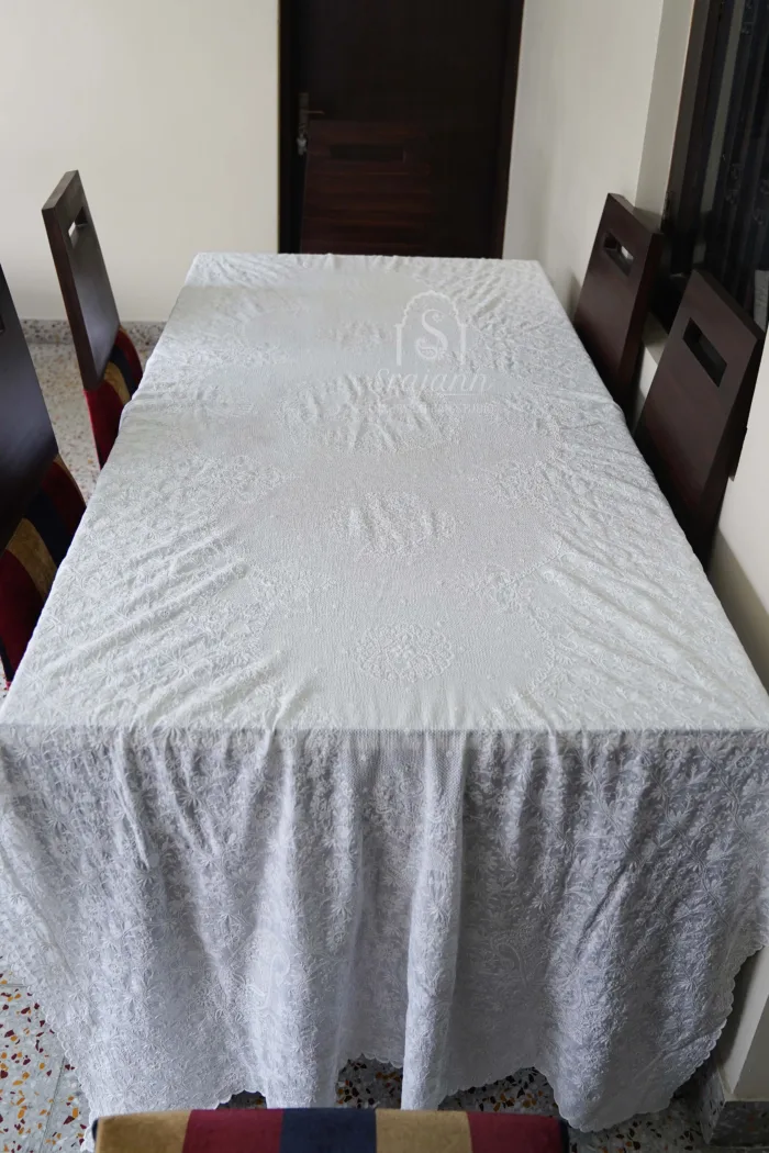 Hand Embroidered White Cotton Lucknowi Chikankari Dinning Table Cover