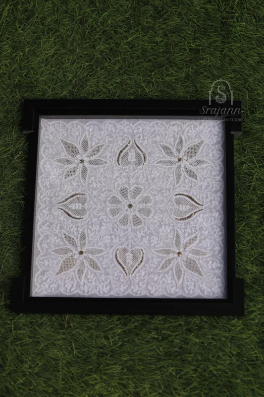 Hand Embroidered White Cotton Lucknowi Chikankari Tray With Mukaish Work