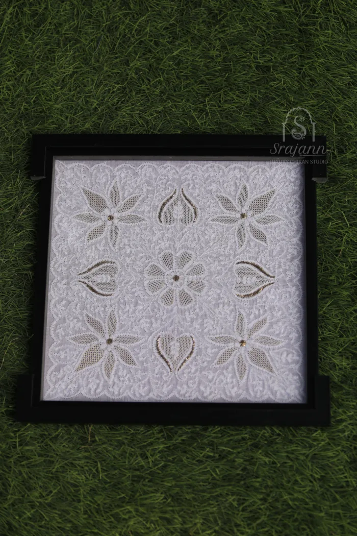 Hand Embroidered White Cotton Lucknowi Chikankari Tray With Mukaish Work