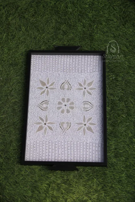 Handcrafted White Cotton Lucknowi Chikankari Tray with Mukaish Embellishments